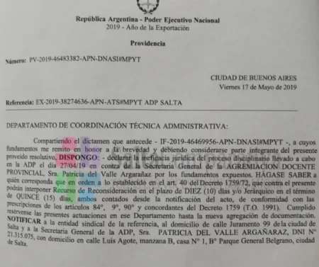 El Ministerio de Trabajo de Nación declaró nula la asamblea que destituyó a Patricia Argañaraz de la ADP